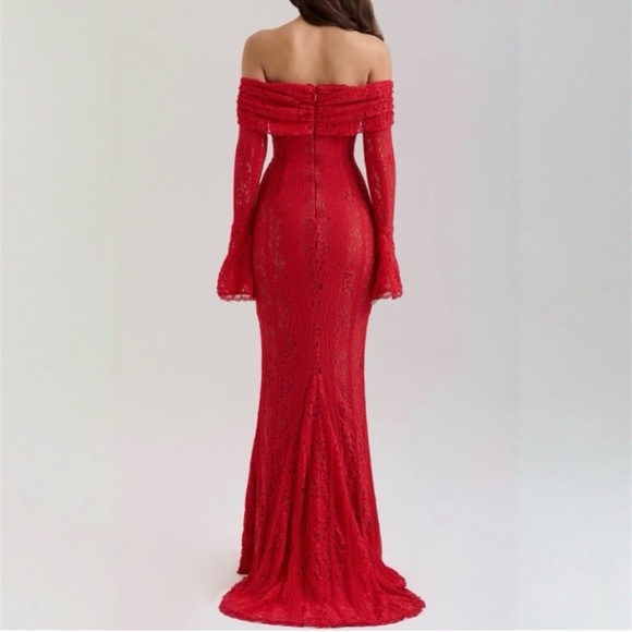 House of CB Belle Red Off Shoulder Floral Lace Maxi Dress - Picture 2 of 9